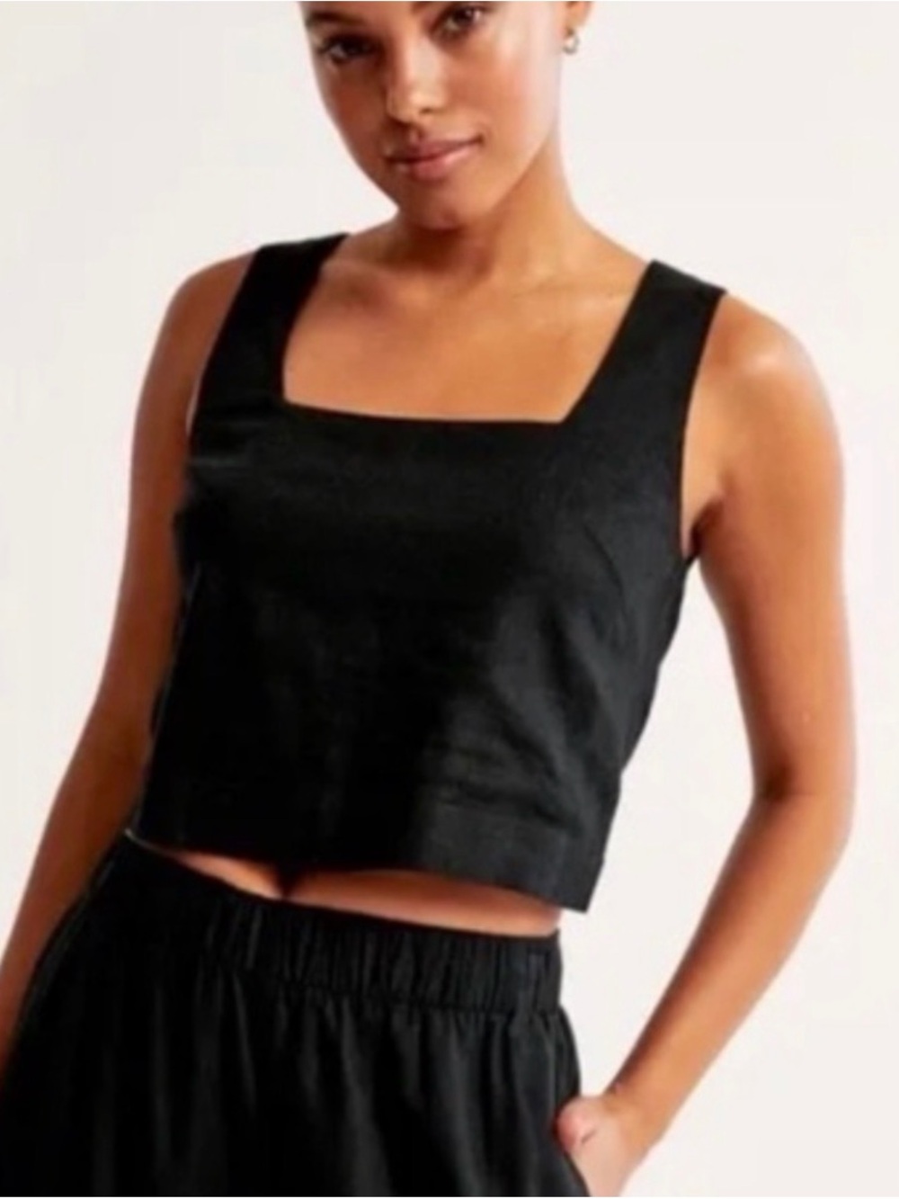 Abercrombie & Fitch Black Square-Neck Linen-Blend Tank Top